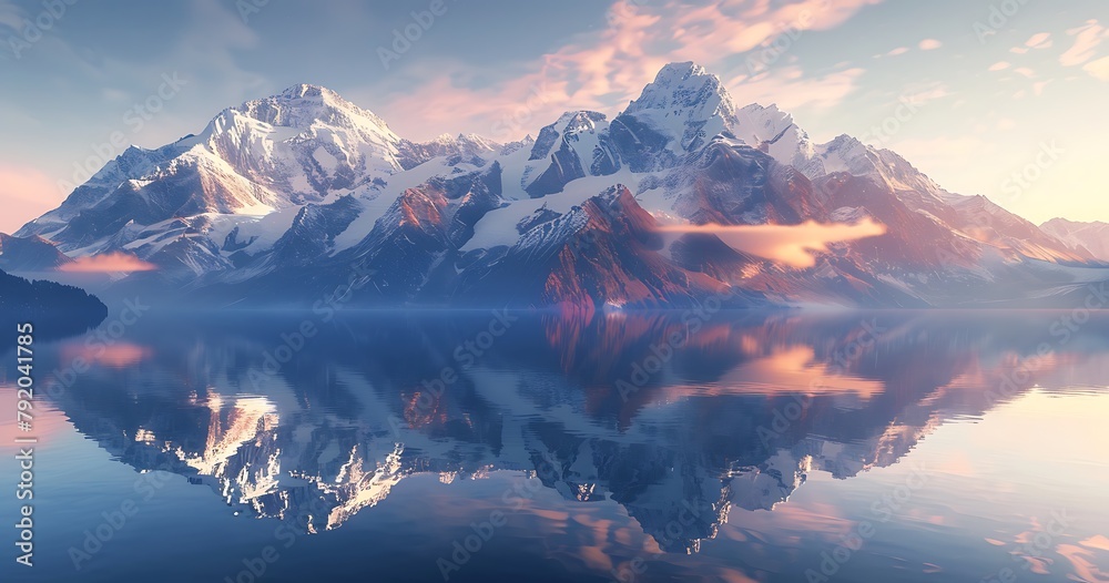 panoramic view of the beautiful mountain range with snowcapped peaks at sunrise, lake reflection in front, switzerland, perfect natural landscape, top quality