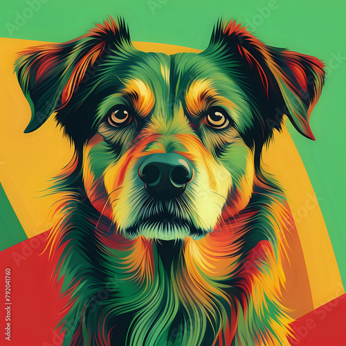 A portrait of a dogThe background features abstract shapes in green, yellow and red, creating vibrant colors and adding depth to the artwork  - generated by ai photo