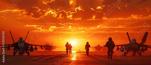 Military Aircrafts and Crew at Sunset on Runway - Generative AI