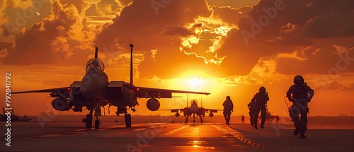 Fighter Jet Squadron on Runway at Dramatic Sunset - Generative AI photo