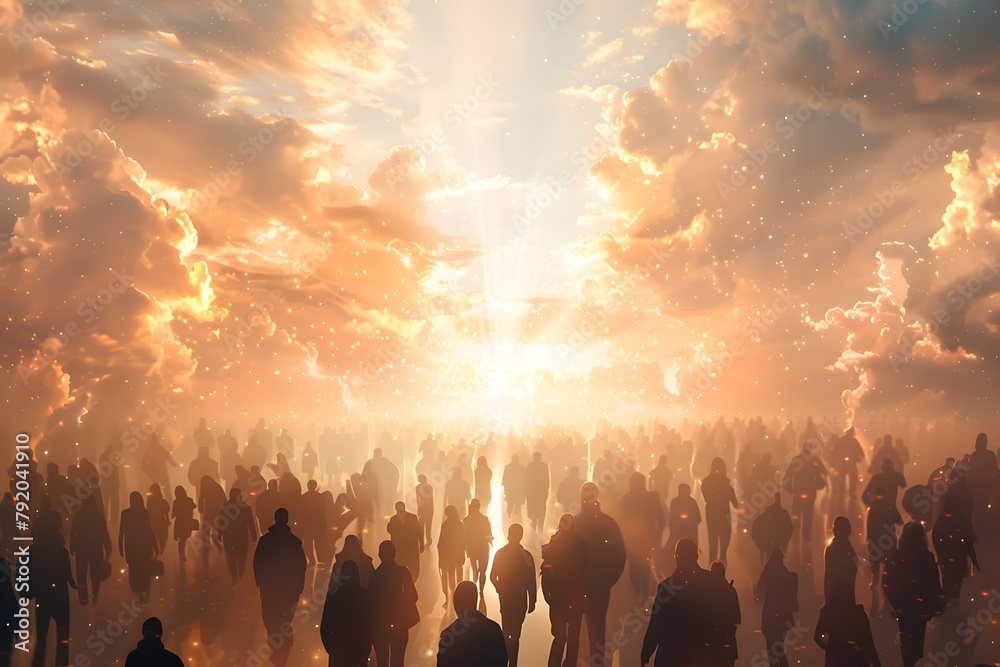 Ethereal Sunlight Illuminating a Crowd Through Heavenly Clouds - Generative AI Ethereal Sunlight Illuminating a Crowd Through Heavenly Clouds - Generative AI