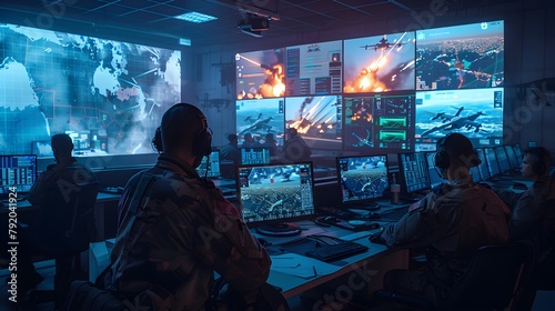 Military Personnel Monitoring Conflict Scenarios in Command Center - Generative AI