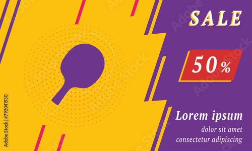 Sale promotion banner with place for your text. On the left is the table tennis symbol. Promotional text with discount percentage on the right side. Vector illustration on yellow background