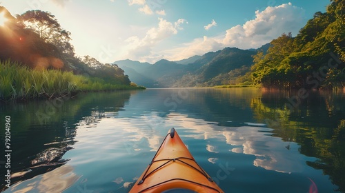 Serene Kayaking Experience in a Calm River Through Lush Mountains - Generative AI photo