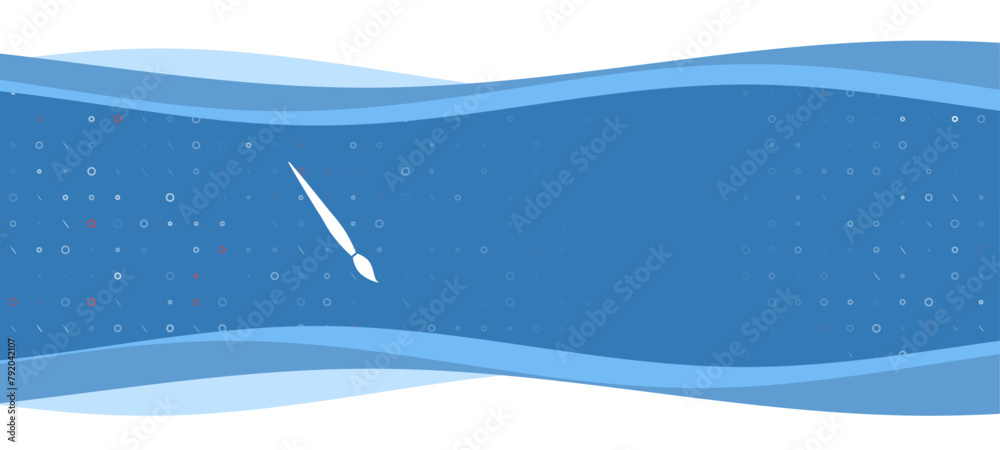 Fototapeta premium Blue wavy banner with a white artistic brush symbol on the left. On the background there are small white shapes, some are highlighted in red. There is an empty space for text on the right side