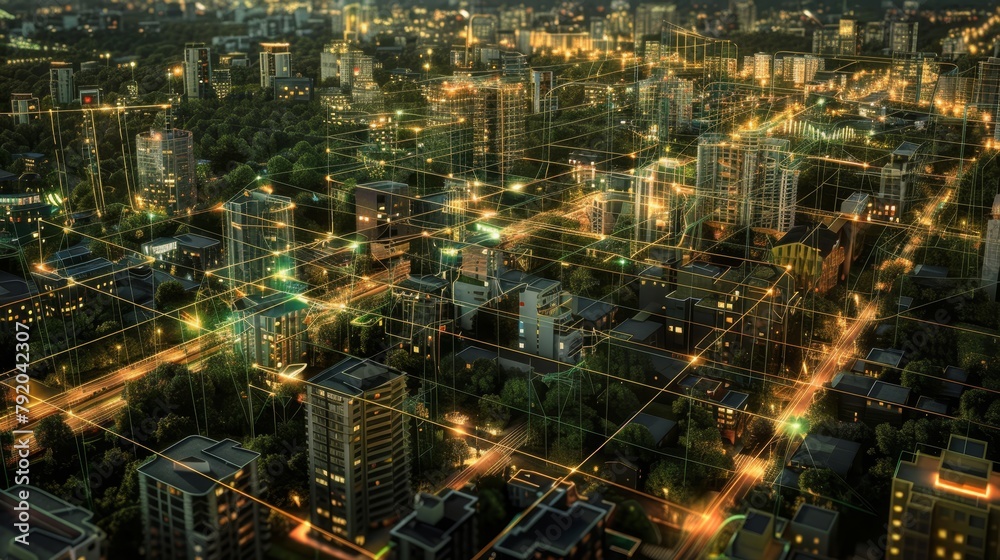 Obraz premium Vibrant Cityscape Illuminating the Future with Sustainable Energy Grids
