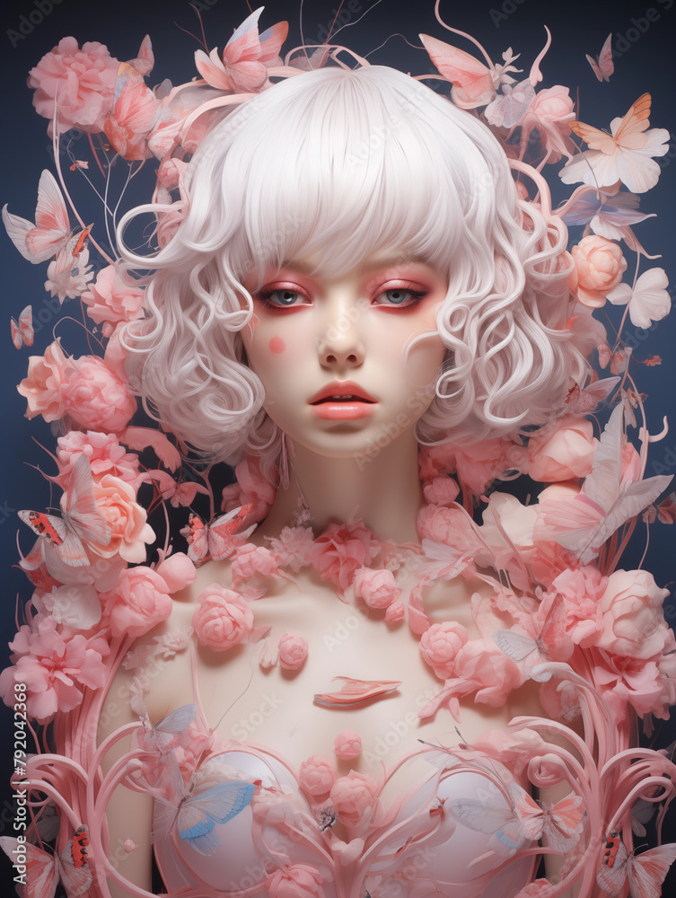 portrait of young woman with white hair, pink flowers, pink butterfly, blue background. Woman and flowers portrait of young woman with white hair, pink flowers, pink butterfly, blue background. Woman and flowers