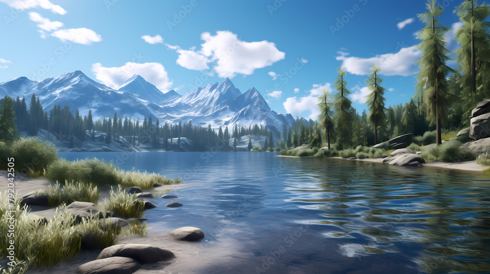 Beautiful mountain lake surrounded by forests and grasslands