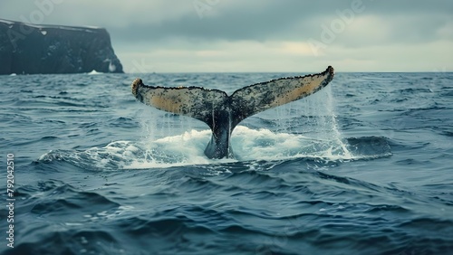 Whale Tail Splashing in Vast Ocean: A Grand View of Calm Breach. Concept Underwater Photography, Marine Life, Nature's Beauty, Ocean Exploration, Aquatic Ecosystems