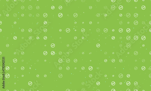 Seamless background pattern of evenly spaced white horning prohibited signs of different sizes and opacity. Vector illustration on light green background with stars