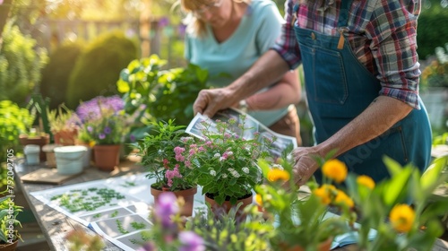 Blooming Dreams A homeowner and designer curating a lush garden oasis from a botanical catalog