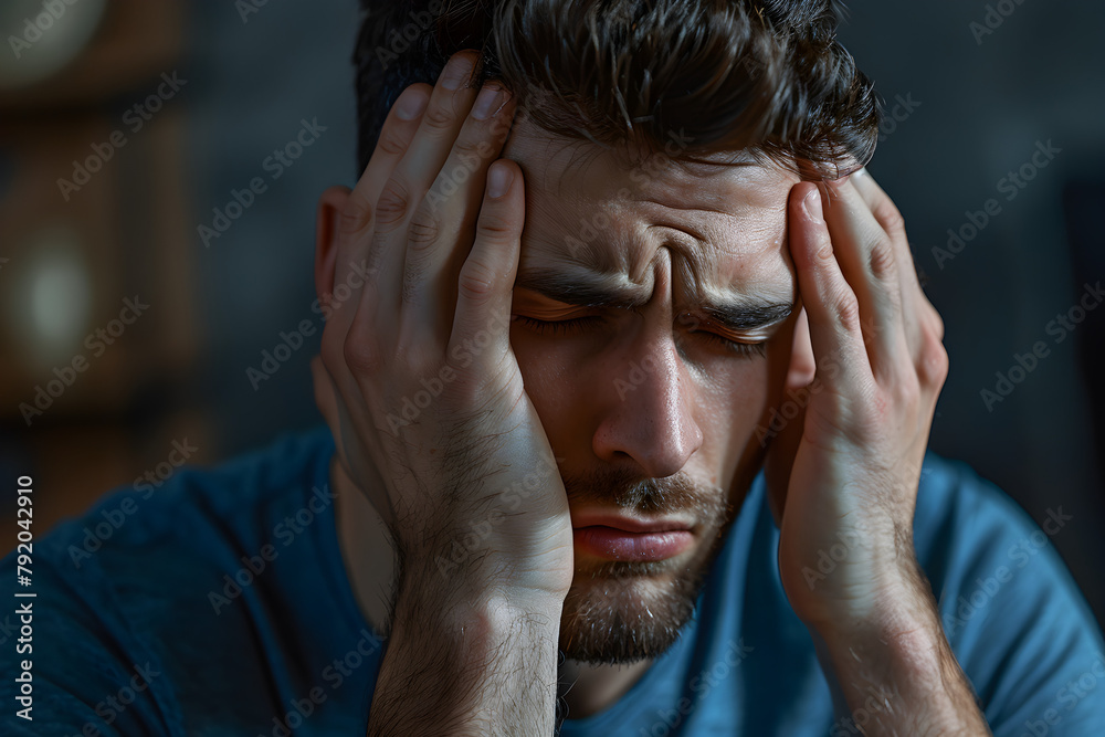 Fototapeta premium A worried man with hands on temples feeling unwell during epilepsy awareness month.