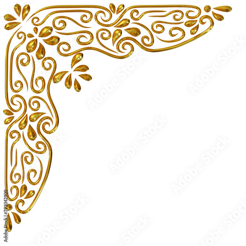 Golden corner decoration swirl and leaves shape. 3d rendering.