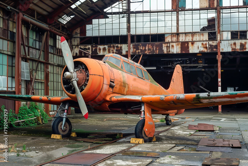 An old orange plane is sitting in a hangar. The plane is rusty and has a propeller photo