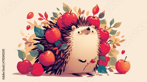 A whimsical forest critter illustrated in a cartoonish fashion meet the adorable hedgehog adorned with a collection of bright red apples on its back