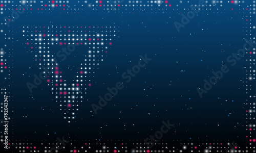 On the left is the give way symbol filled with white dots. Pointillism style. Abstract futuristic frame of dots and circles. Some dots is pink. Vector illustration on blue background with stars