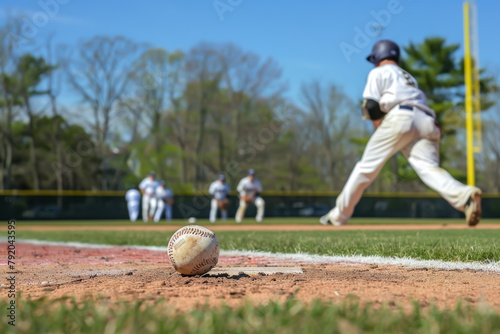 A baseball player is running towards a ball on the field. The ball is on the ground and the player is in the process of hitting it