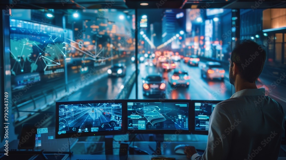 Future of Transportation Expert overseeing selfdriving cars in hightech control center