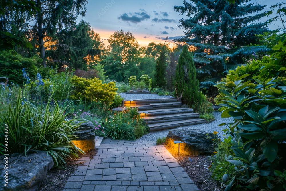 Fototapeta premium A walkway with a stone path and a series of steps leading up to a house. The walkway is lit up with lights, creating a warm and inviting atmosphere