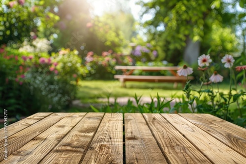 Empty wooden table in summe...