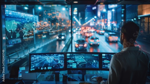 Future of Transportation Expert overseeing selfdriving cars in hightech control center photo