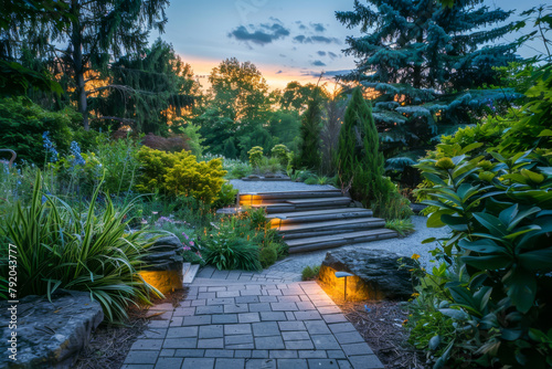 A walkway with a stone path and a series of steps leading up to a house. The walkway is lit up with lights, creating a warm and inviting atmosphere