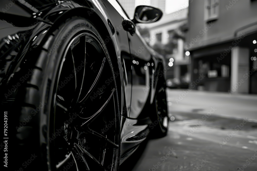A black car with a shiny black tire. The car is parked on a street in a city