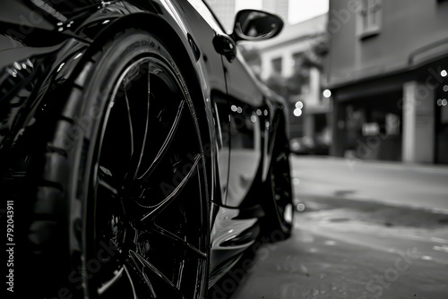 A black car with a shiny black tire. The car is parked on a street in a city © VicenSanh