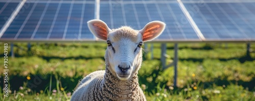 sheep grazing in a field contrasts with the solar panels in the background, symbolizing eco-friendly energy. photo