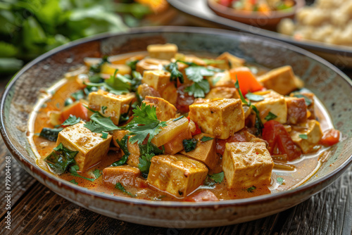 Plating design of savory tofu curry in a bowl