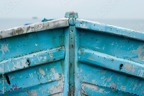 A blue boat with a white stripe is sitting in the water. The boat is old and has a lot of rust on it. The water is calm and the sky is cloudy