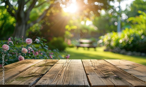 Empty wooden table in summe...