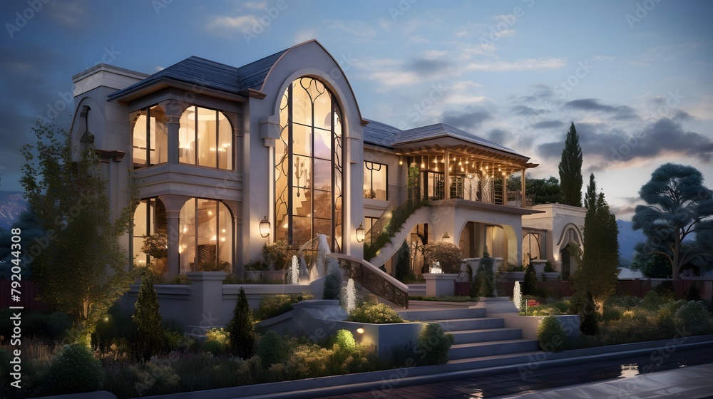 Modern luxury house in the evening. Panoramic view of a modern house.