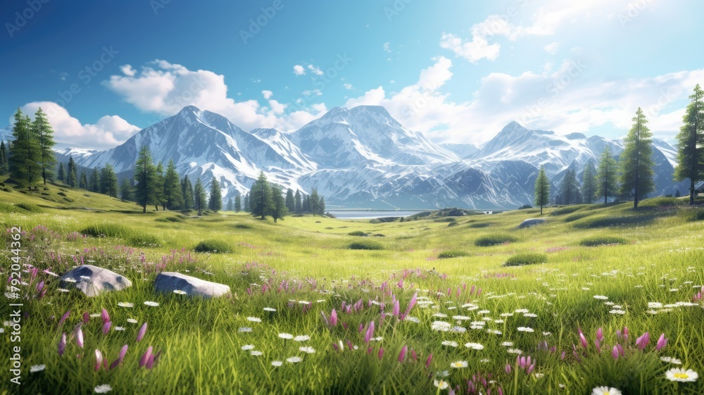 Breathtaking mountain landscape with wildflowers - Serene panoramic scene of a vibrant, blooming meadow with majestic snow-capped mountains and a clear blue sky in the background