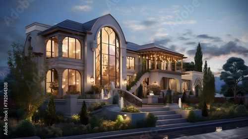 Modern luxury house in the evening. Panoramic view of a modern house.