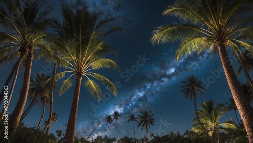 Starry night backdrop seen through the swaying fronds of lush palm trees. © xKas