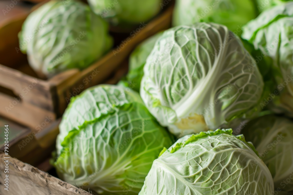 Fototapeta premium A crate full of green cabbage. The cabbage is fresh and ready to be eaten. The crate is wooden and has a rustic feel to it
