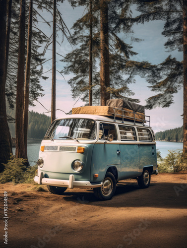 Vintage Camper Van Parked by a Lake in the Woods. Van with a roof rack and tent parked on a scenic dirt road next to a calm lake surrounded by trees.