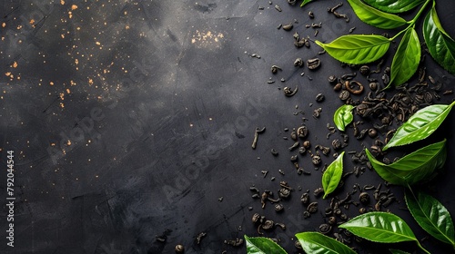 Dark wooden table adorned with green and black tea leaves, teacup nestled among them. Scattered leaves create a natural backdrop, ideal for food, drink, and nature projects.