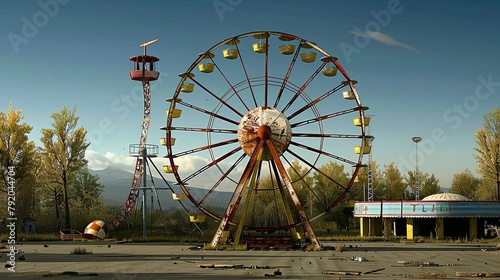 An abandoned Ferris wheel sits in an empty field.