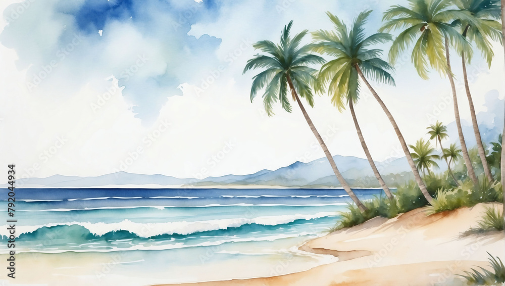 Tropical illustration featuring palm trees against a beachscape with tranquil ocean waves, rendered in watercolor on a white background.