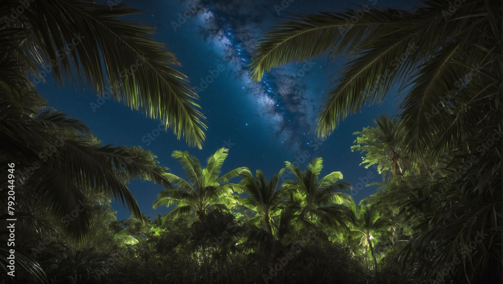 Tropical night vista viewed through dense palm foliage under the starlit sky.