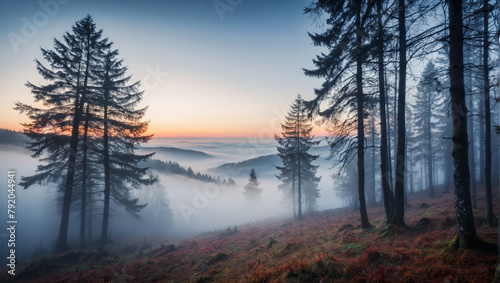 Mystical Autumn Fog in Black Forest, Autumnal Trees, and Firs - Generative AI © Teki7