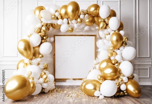 'gold elements balloons White arch garland decoration frame event reveal wedding birthday celebration gender confetti celebrate party balloon anniversary background illustration holida'