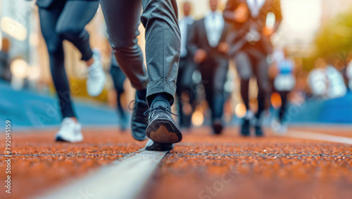 Wallpaper Mural Group business people, athletic and active, sprinting race track, determination and strength in corporate challenge. Fast motion, career speed and success, rivalry and team vitality. Exercising, Torontodigital.ca