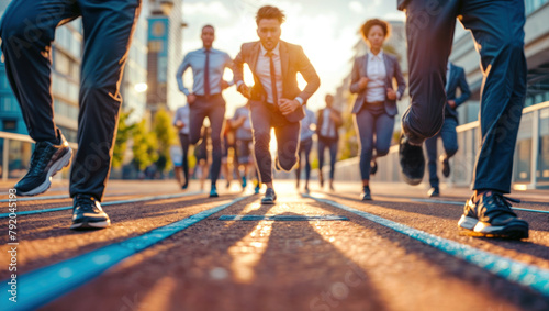 Group business people, athletic and active, sprinting race track, determination and strength in corporate challenge. Fast motion, career speed and success, rivalry and team vitality. Exercising,