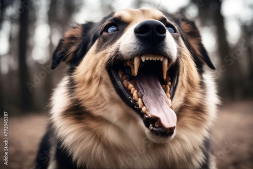 'teeth head dog hard aggressive attack space detail shows dangerous animal copy portrait barking angry guard anger vicious canino wild pet scarey furious growling shepherd enraged violent danger' photo