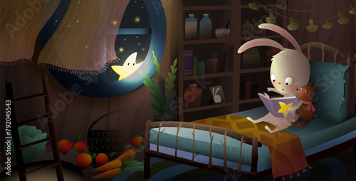Cute bunny or rabbit read book before sleep with his teddy bear in bed. Animal toys in kids bedroom. Little star peep in the window at night. Vector illustrated magical scene for children story book photo