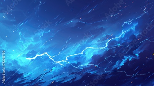 A dynamic illustration of electric blue lightning crackling through the sky striking with powerful bolts in a stormy weather backdrop photo