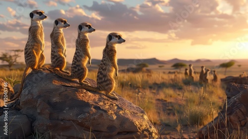A group of curious meerkats standing sentinel on their hind legs, their tiny paws raised in alarm as they scan the horizon for signs of danger,  photo